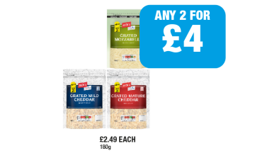 Jack's Grated Mozzarella, Grated Mild Cheddar, Grated Mature Cheddar - Any 2 for £4 at Family Shopper