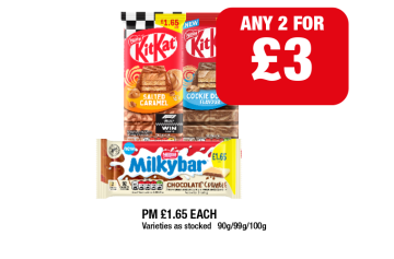 KitKat Salted Caramel, Cookie Dough, Milkybar - Any 2 for £3 at Family Shopper