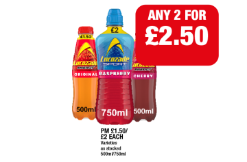 Lucozade Sport Raspberry, Energy Original, Cherry - Any 2 for £2.50 at Family Shopper