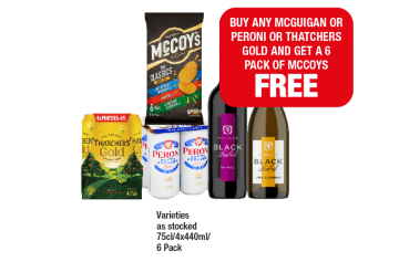 McCoys Classic Pack, Thatchers Gold, Peroni, McGuigan Black Label Shiraz, Chardonnay - Buy Any McGuigan Or Peroni Or Thatchers Gold And Get A Pack of McCoys FREE at Family Shopper