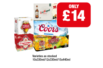 Stella Artois, Cruzcampo, Moretti, San Miguel, Coors, Desperados - Now Only £14 at Family Shopper