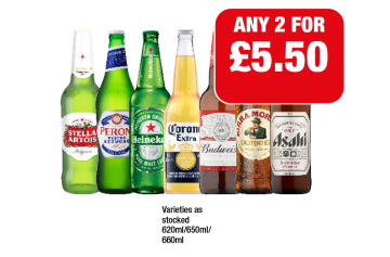 Stella Artois, Peroni, Heineken, Corona, Budweiser, Moretti, Asahi - Any 2 for £5.50 at Family Shopper