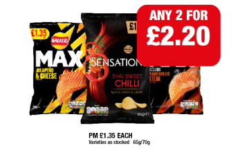 Walkers Max Jalapeno & Cheese, Flame Grilled Steak, Sensations Thai Sweet Chilli - Any 2 for £2.20 at Family Shopper