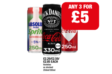 Absolut Vodka Sprite Watermelon, Jack Daniels Coca Cola, Bacardi Coca Cola - Any 3 for £5 at Family Shopper
