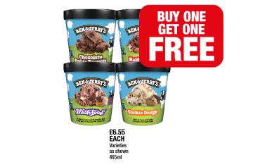 Ben & Jerry's Chocolate Fudge Brownie, Half Baked, Phish Food, Cookie Dough - Buy 1 Get 1 FREE at Family Shopper