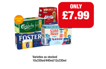 Carlsberg, Fosters, Bud 0.0, Brewdog Cold Beer, Coors - Now Only £7.99 at Family Shopper