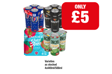 Fosters, Murphy's, Thatchers Juicy Apple, Inch's Cloudy - Now Only £5 at Family Shopper