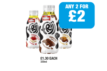 Frijj Strawberry Cheesecake, Chocolate, Fudge Brownie - Any 2 for £2 at Family Shopper