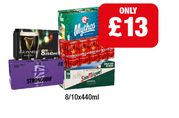 Guinness, Strongbow Dark Fruits, Mythos, Estrella, San Miguel - Now Only £13 at Family Shopper