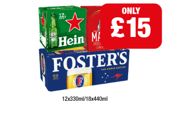 Heineken, Madri, Fosters - Now Only £15 at Family Shopper