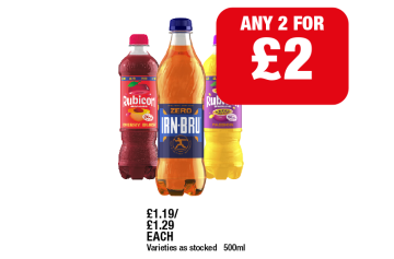 Irn Bru Zero, Rubicon Cherry Burst, Passion - Any 2 for £2 at Family Shopper