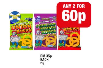 Johnny's Onion Rings, Pickled Onion Rings, Spicy Rings - Any 2 for 60p at Family Shopper