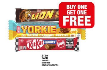 Lion Bar Duo, Yorkie Salted Caramel Pretzel Duo, KitKat Duo - Now Only Buy 1 Get 1 FREE at Family Shopper