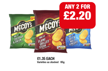McCoy's Cheddar & Onion, Flame Grilled Steak, Salt & Malt Vinegar - Now Only £2.20 at Family Shopper