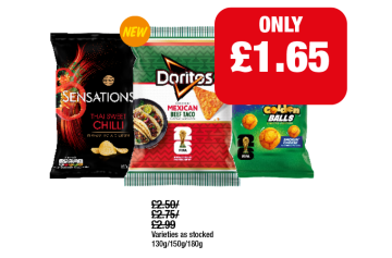 Sensations Thai Sweet Chilli, Doritos Mexican Beef Taco, Wotsits Golden Balls - Now Only £1.65 at Family Shopper