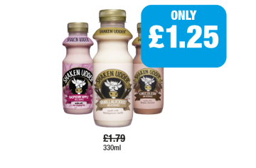 Shaken Udder Raspberry Ripple, Vanillaliscious, Chocolush - Now Only £1.25 at Family Shopper