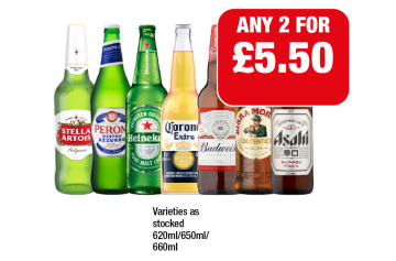 Stella Artois, Peroni, Heineken, Corona Extra, Budweiser, Moretti, Asahi - Any 2 for £5.50 at Family Shopper