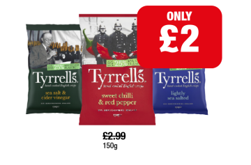 Tyrrell's Sea Salt & Vinegar, Sweet Chilli, Lightly Salted - Now Only £2 at Family Shopper