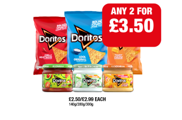 Doritos Sweet Chilli, Cool Original, Tangy Cheese, Mild Salsa, Cool Original, Nacho Cheese - Any 2 for £3.50 at Family Shopper