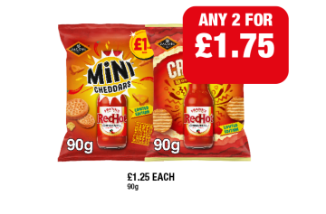 Mini Cheddars, Crinklys Red Hot - Any 2 for £1.75 at Family Shopper
