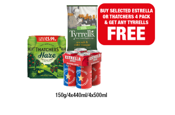 Tyrrells Salt & Vinegar, Thatchers Haze, Estrella - Buy Estrella Or Thatchers & Get Any Tyrrells FREE at Family Shopper