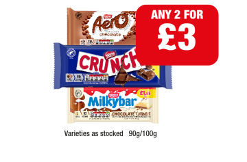 Aero Chocolate, Crunch, Milkybar Chocolate Crumble - Any 2 for £3 at Family Shopper