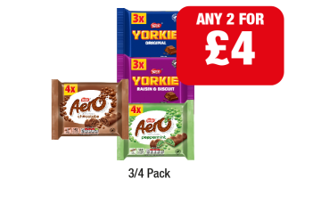 Aero Chocolate, Peppermint, Yorkie, Raisin & Biscuit - Any 2 for £4 at Family Shopper