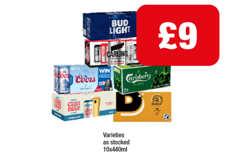 Bud Light, Coors, Carling, Brewdog Cold Beer, Carlsberg, Bodington Draught - Now Only £9 at Family Shopper