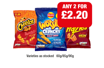 Cheetos Twisted, Wotsits Crunchy, Frazzles - Any 2 for £2.20 at Family Shopper