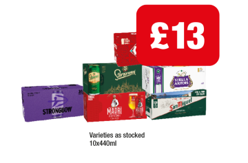 Cruzcampo, Staropramen, Stella Artois, Strongbow Dark Fruits, Madri, San Miguel - Now Only £13 at Family Shopper