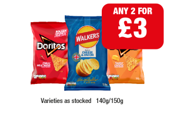 Doritos Chilli Heatwave, Tangy Cheese, Wakers Cheese & Onion - Any 2 for £3 at Family Shopper