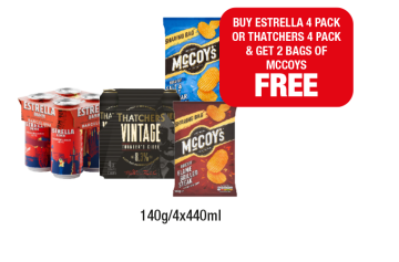 Estrella, Thatchers Vintage, McCoy's Salt & Vinegar, Flame Grilled Steak - Buy Estrella Or Thatchers & Get 2 Bags Of McCoys FREE at Family Shopper