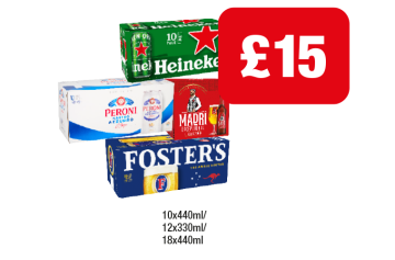 Heineken, Peroni, Madri, Fosters - Now Only £15 at Family Shopper