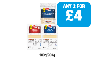 Jack's Grated Mild Cheddar, Mature Cheddar, Mild Cheddar - Any 2 for £4 at Family Shopper