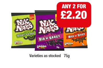 Nik Naks Scampi 'N' Lemon, Rib 'N' Saucy, Nice 'N' Spicy - Any 2 for £2.20 at Family Shopper