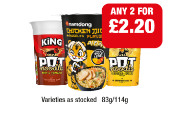 Pot Noodle Beef & Tomato, Original Curry, Namdong Chicken - Any 2 for £2.50 at Family Shopper