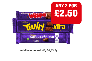 Wispa Duo, Twirl Xtra, Dairy Milk Duo - Any 2 for £2.50 at Family Shopper
