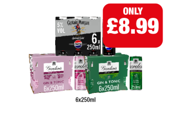 Captain Morgan Pepsi Max, Gordon's Gin & Tonic Original, Pink - Now Only £8.99 at Family Shopper