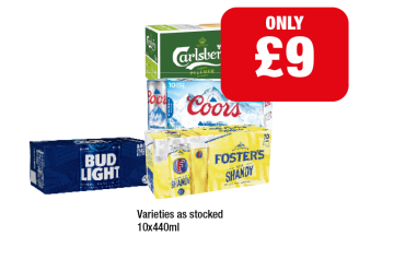 Carlsberg, Coors, Foster's Shandy, Bud Light - Now Only £9 at Family Shopper