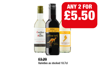Casillero Del Diablo Sauvignon Blanc, Yellow Tail Shiraz, Barefoot Pinot Grigio - Any 2 for £5.50 at Family Shopper