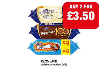 McVities Digestives Milk Chocolate, White, Hobnobs - Any 2 for £3.50 at Family Shopper