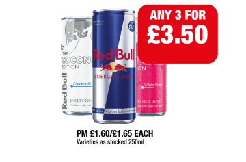 Red Bull Original, Coconut, White Peach - Any 3 for £3.50 at Family Shopper