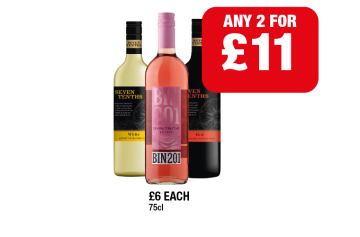 Seven Tenths White, Red, Bin 201 Juicy Rose - Any 2 for £11 at Family Shopper