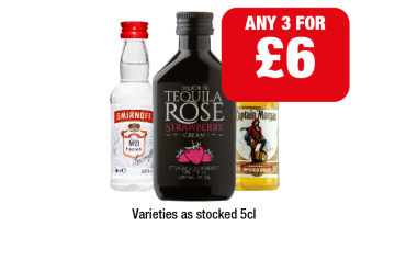 Smirnoff, Tequila Rose Strawberry, Captain Morgan Spiced Gold - Any 3 for £6 at Family Shopper