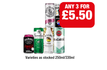 White Claw, Captain Morgan, Jack Daniels Cola, Gordon's, Malibu, Bacardi - Any 3 for £5.50 at Family Shopper