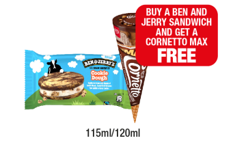 Ben & Jerry's Cookie Dough, Cornetto Max - Now Only Buy A Ben And Jerry Sandwich, Get A Cornetto Max FREE at Family Shopper