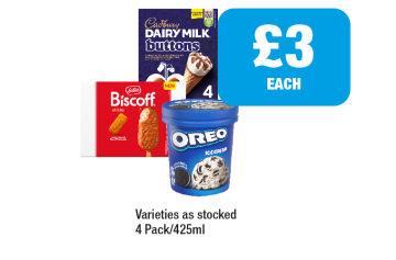 Cadbury Ice Cream Dairy Milk Buttons, Biscoff Sticks, Oreo - Now Only £3 at Family Shopper