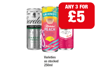 Gordon's Gin & Diet Tonic, Smirnoff Miami Peach, Vodka Cranberry - Any 3 for £5 at Family Shopper