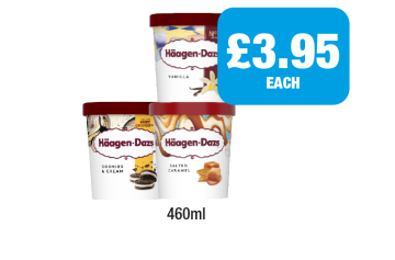 Häagen-Dazs Vanilla, Cookie & Cream, Salted Caramel - Now Only £3.95 at Family Shopper