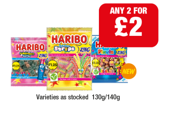 Haribo Bubblegum Bottles, Rainbow Stripes, Pixels - Any 2 for £2 at Family Shopper